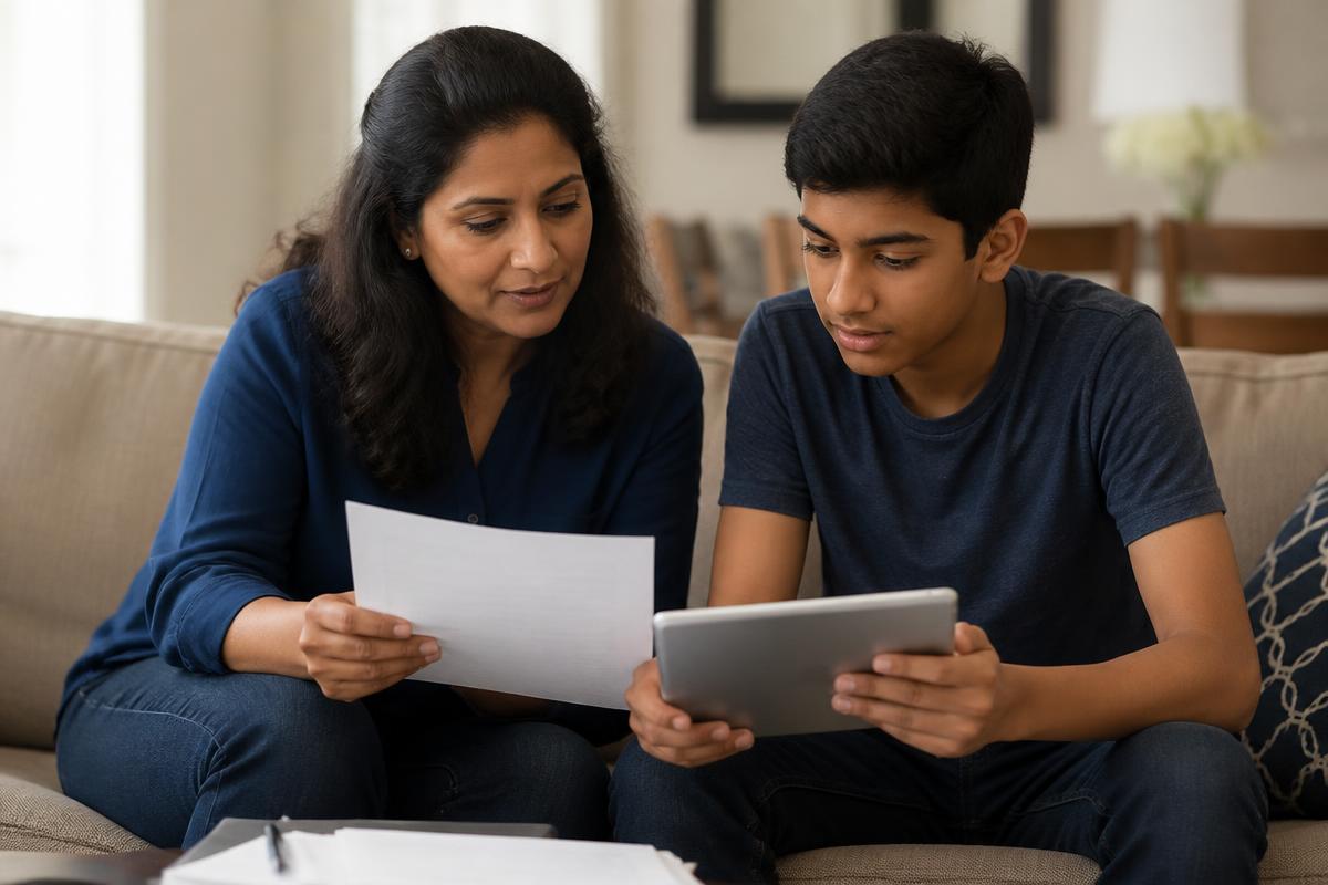 A mother and her teenage son on a living room couch, reviewing documents on a tablet while completing a child SSI application