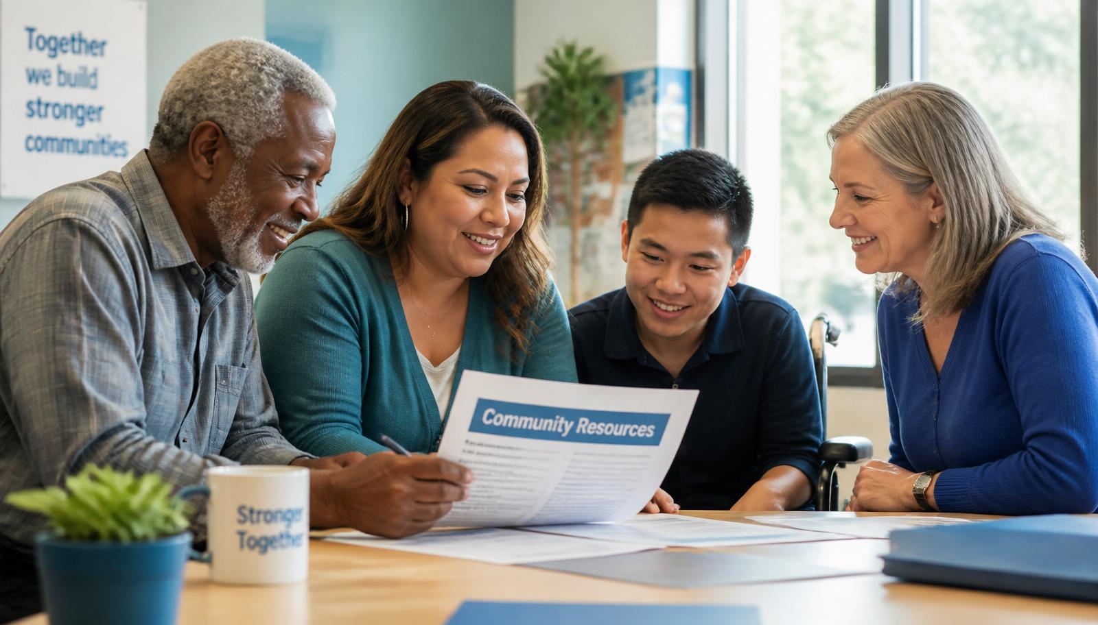A diverse, multi-ethnic group of people of different ages and abilities reviewing paperwork together at a community table