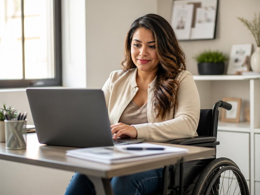 Woman in a wheelchair using a laptop to answer eligibility screener questions