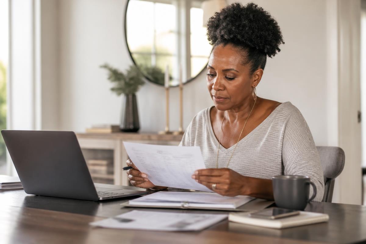 A woman at her dining table reviewing organized claim paperwork next to a laptop