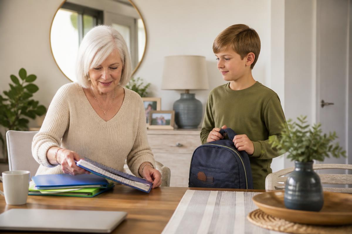 A grandmother organizing folders at the table while her grandson stands ready with his backpack