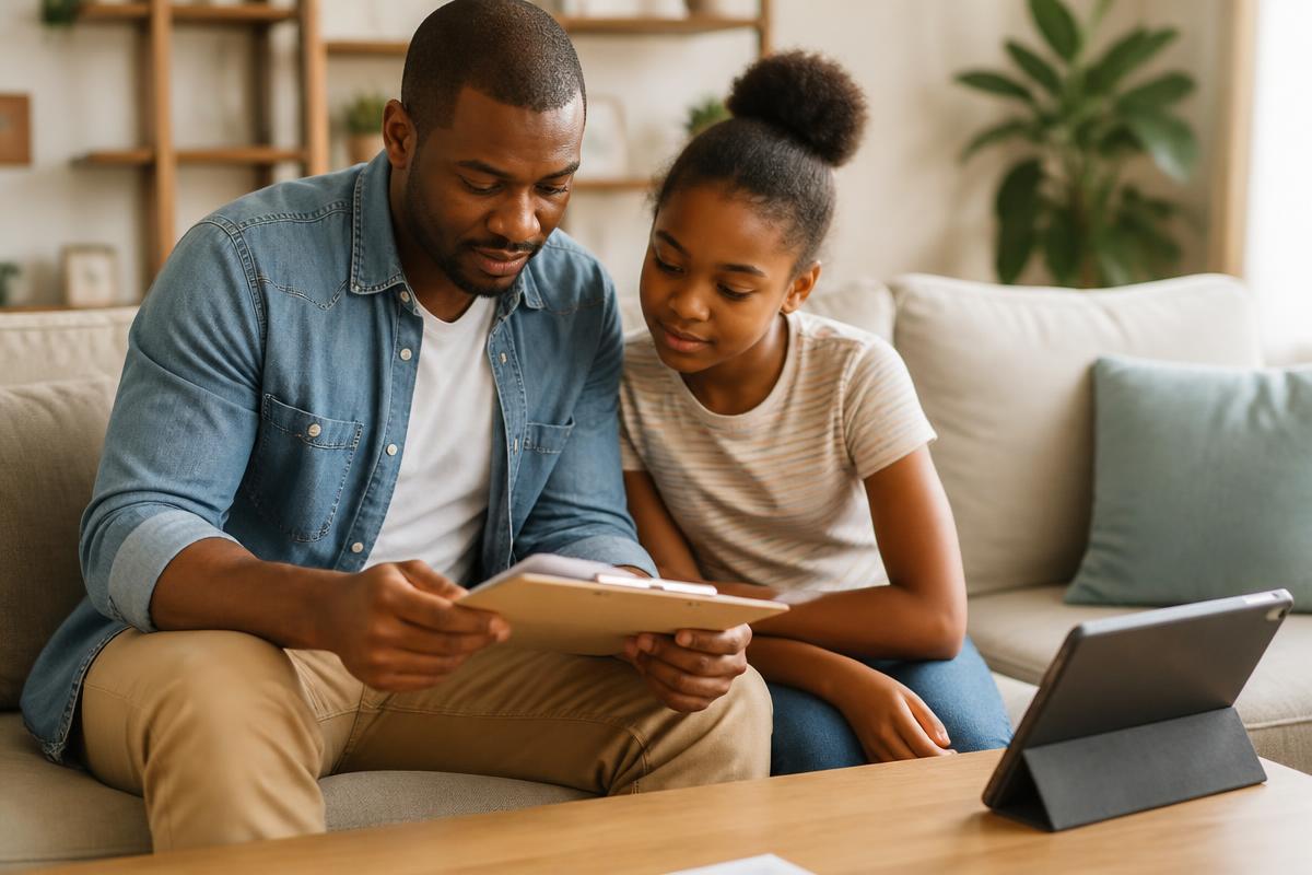 A father and his daughter reading claim information together on the living room sofa